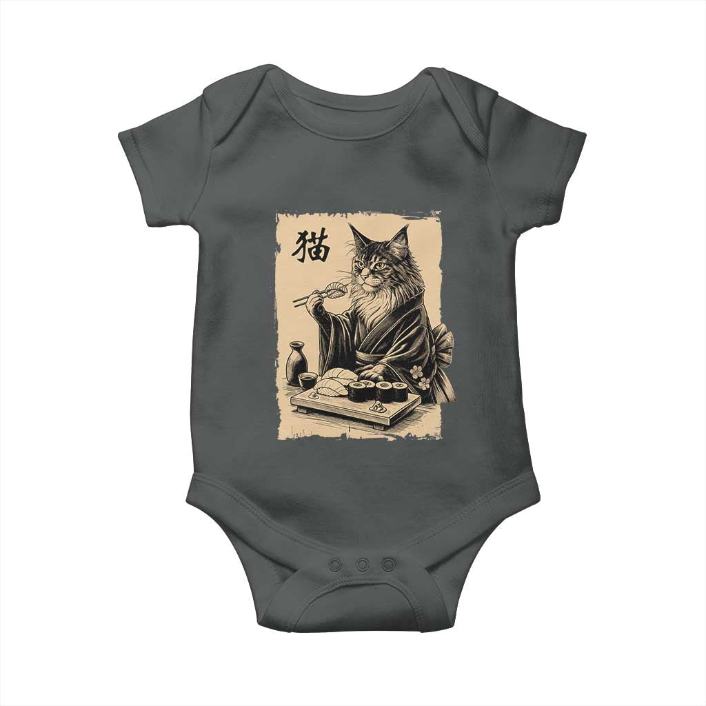 Vintage Japanese Cat Eating Sushi Baby Onesie Funny Maine Coon Kimono Gift TS12 Dark Heather Print Your Wear