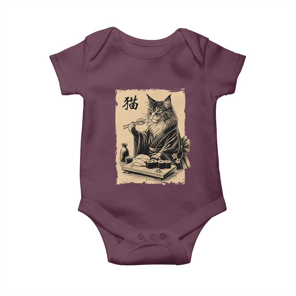 Vintage Japanese Cat Eating Sushi Baby Onesie Funny Maine Coon Kimono Gift TS12 Maroon Print Your Wear