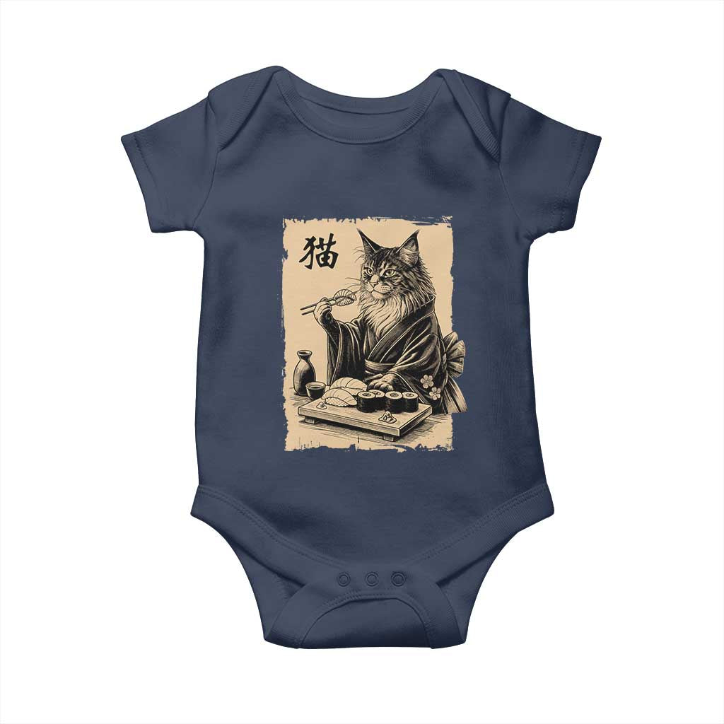 Vintage Japanese Cat Eating Sushi Baby Onesie Funny Maine Coon Kimono Gift TS12 Navy Print Your Wear