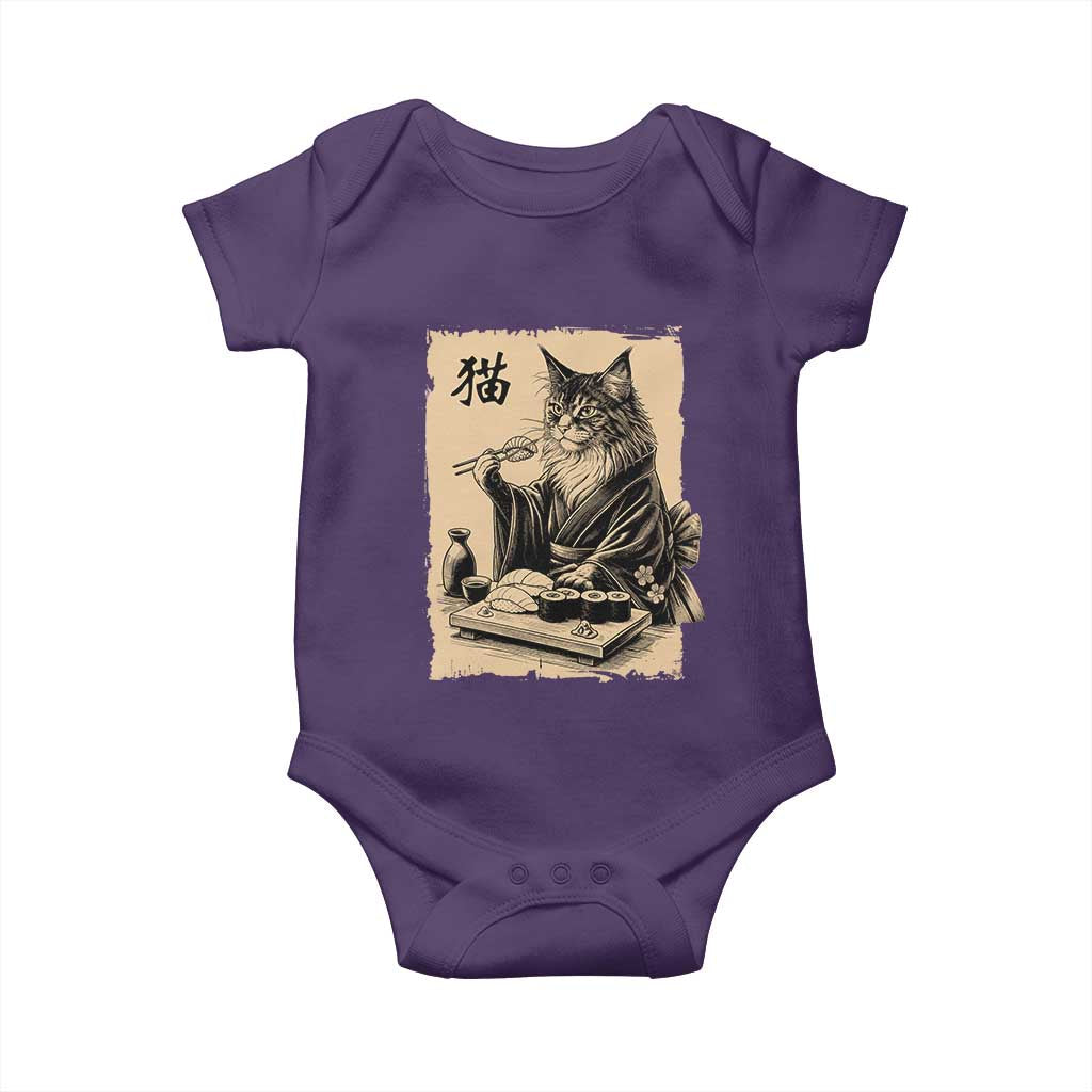 Vintage Japanese Cat Eating Sushi Baby Onesie Funny Maine Coon Kimono Gift TS12 Purple Print Your Wear