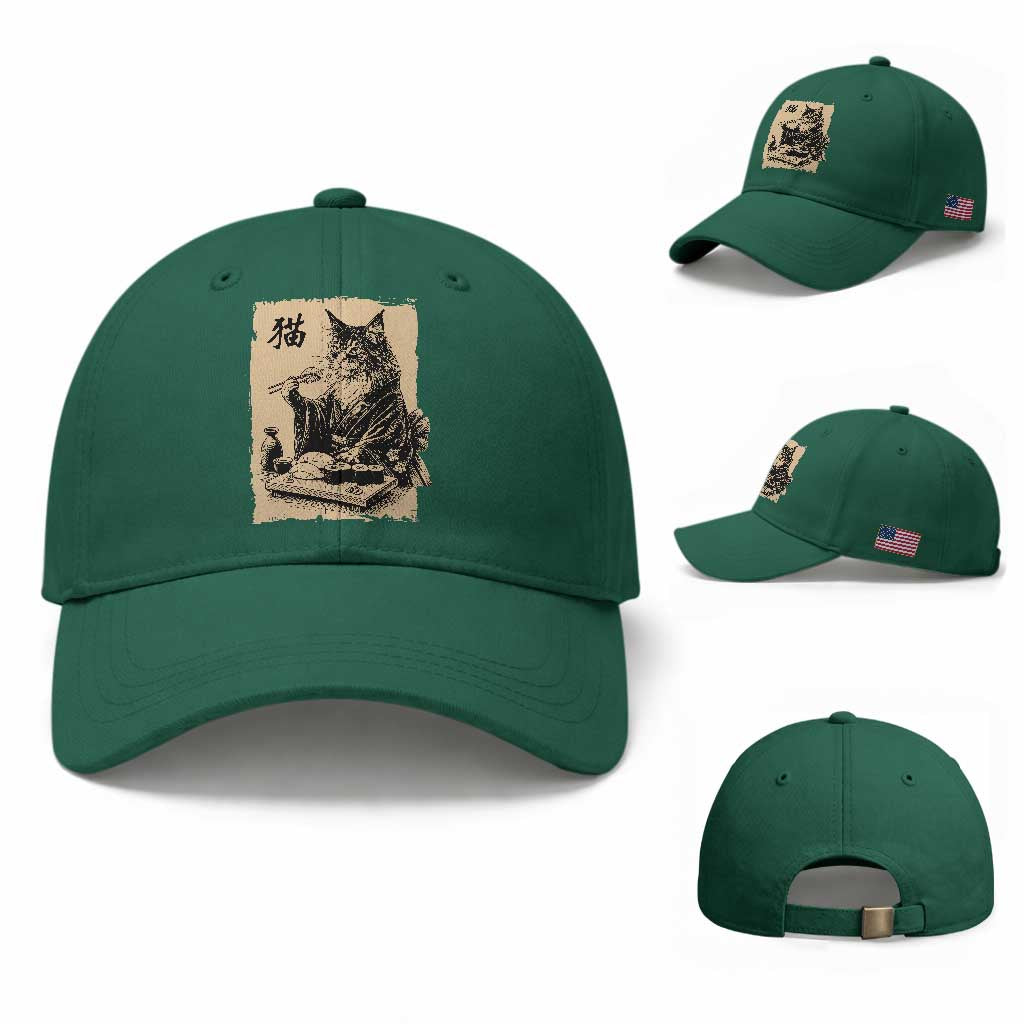 Vintage Japanese Cat Eating Sushi Baseball Cap Funny Maine Coon Kimono Gift TS12 Baseball Cap Universal Fit Irish Green Print Your Wear