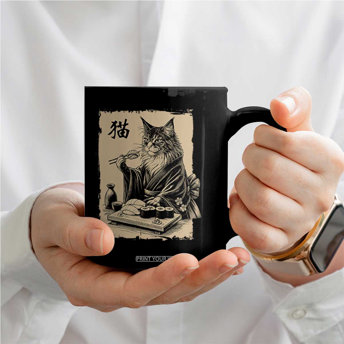 Vintage Japanese Cat Eating Sushi Coffee Mug Funny Maine Coon Kimono Gift TS12 Print Your Wear