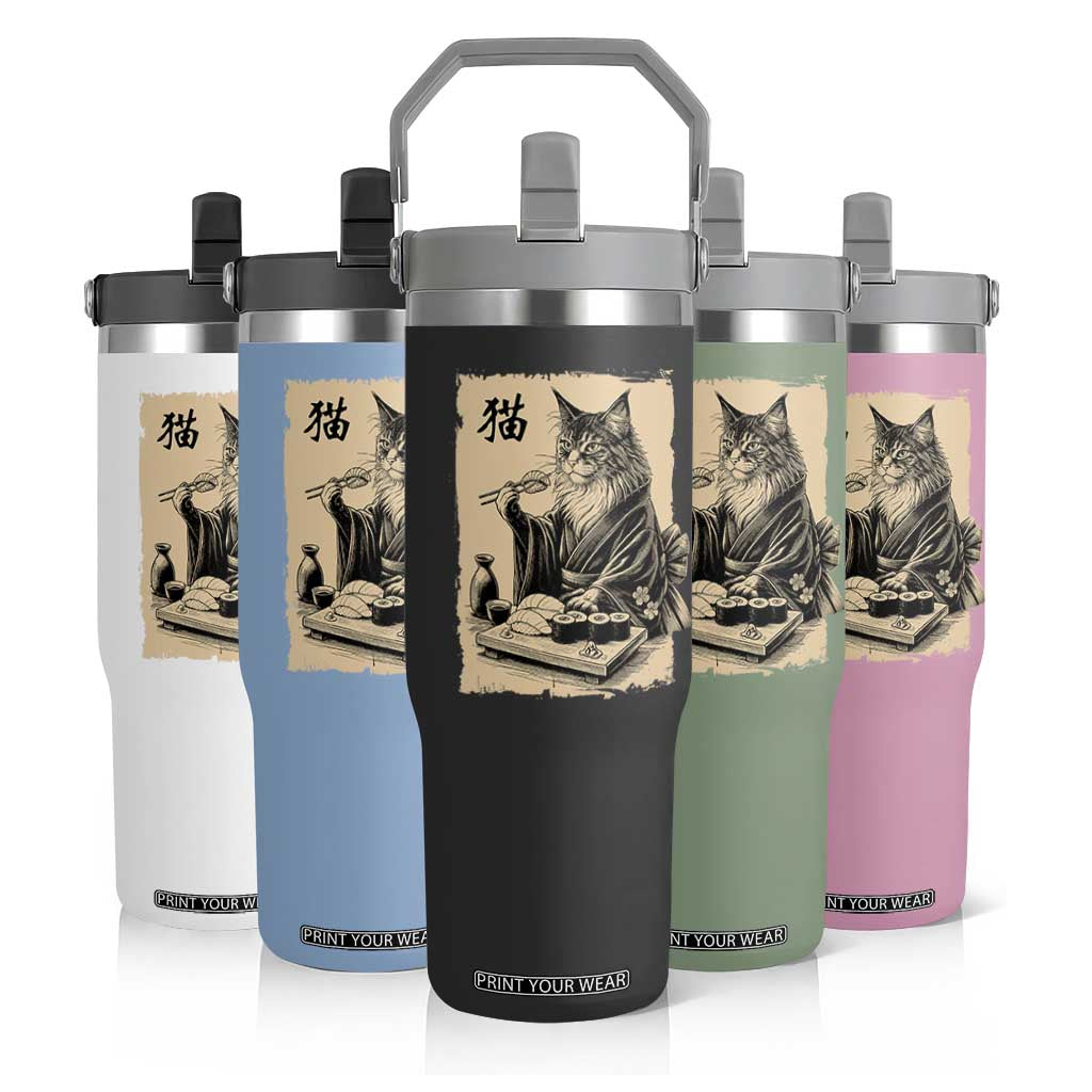 Vintage Japanese Cat Eating Sushi Flip Straw Tumbler Funny Maine Coon Kimono Gift TS12 Print Your Wear