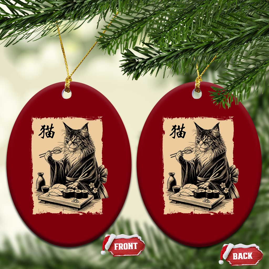 Vintage Japanese Cat Eating Sushi Ceramic Ornament Funny Maine Coon Kimono Gift TS12 Print Your Wear