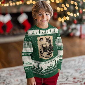 Vintage Japanese Cat Eating Sushi Ugly Christmas Sweater Funny Maine Coon Kimono Gift TS12 Forest Green Beige Print Your Wear
