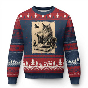 Vintage Japanese Cat Eating Sushi Ugly Christmas Sweater Funny Maine Coon Kimono Gift TS12 Navy Red Print Your Wear