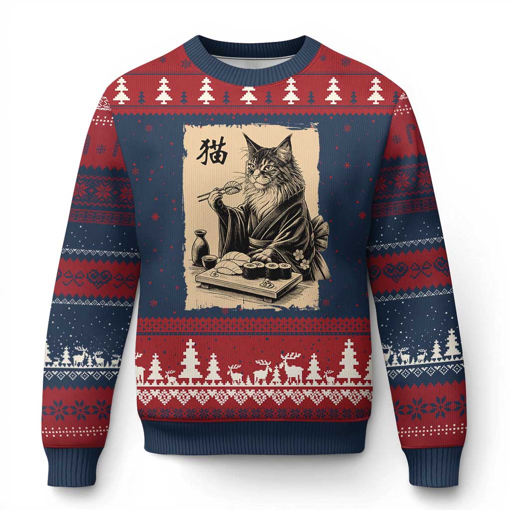 Vintage Japanese Cat Eating Sushi Ugly Christmas Sweater Funny Maine Coon Kimono Gift TS12 Navy Red Print Your Wear
