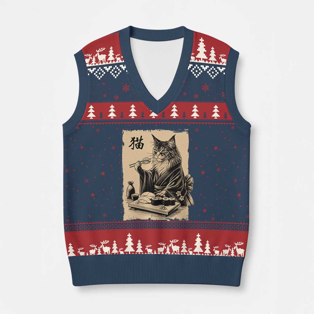 Vintage Japanese Cat Eating Sushi V-Neck Knit Sweater Vest Funny Maine Coon Kimono Gift TS12 Navy Red Print Your Wear
