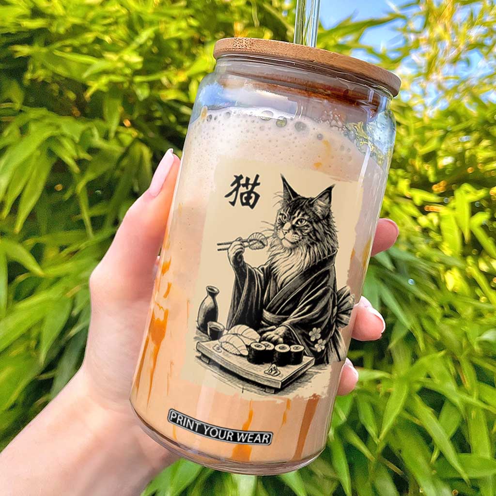 Vintage Japanese Cat Eating Sushi Glass Can Funny Maine Coon Kimono Gift TS12 Black Print Your Wear