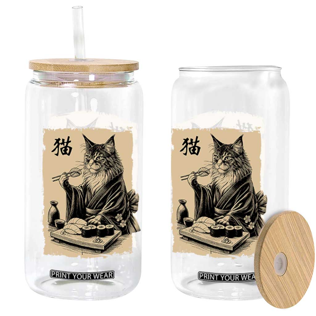 Vintage Japanese Cat Eating Sushi Glass Can Funny Maine Coon Kimono Gift TS12 Print Your Wear
