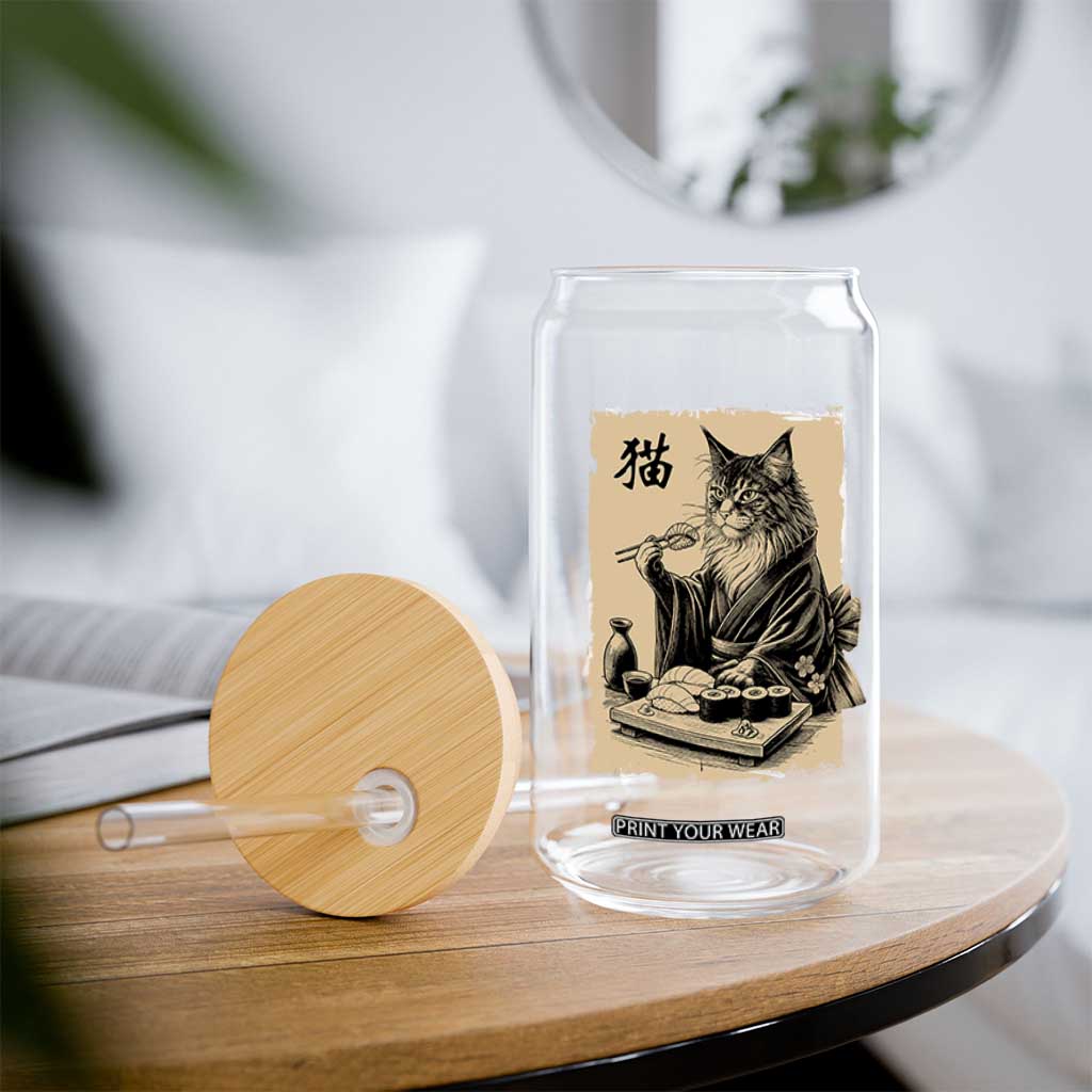 Vintage Japanese Cat Eating Sushi Glass Can Funny Maine Coon Kimono Gift TS12 Print Your Wear