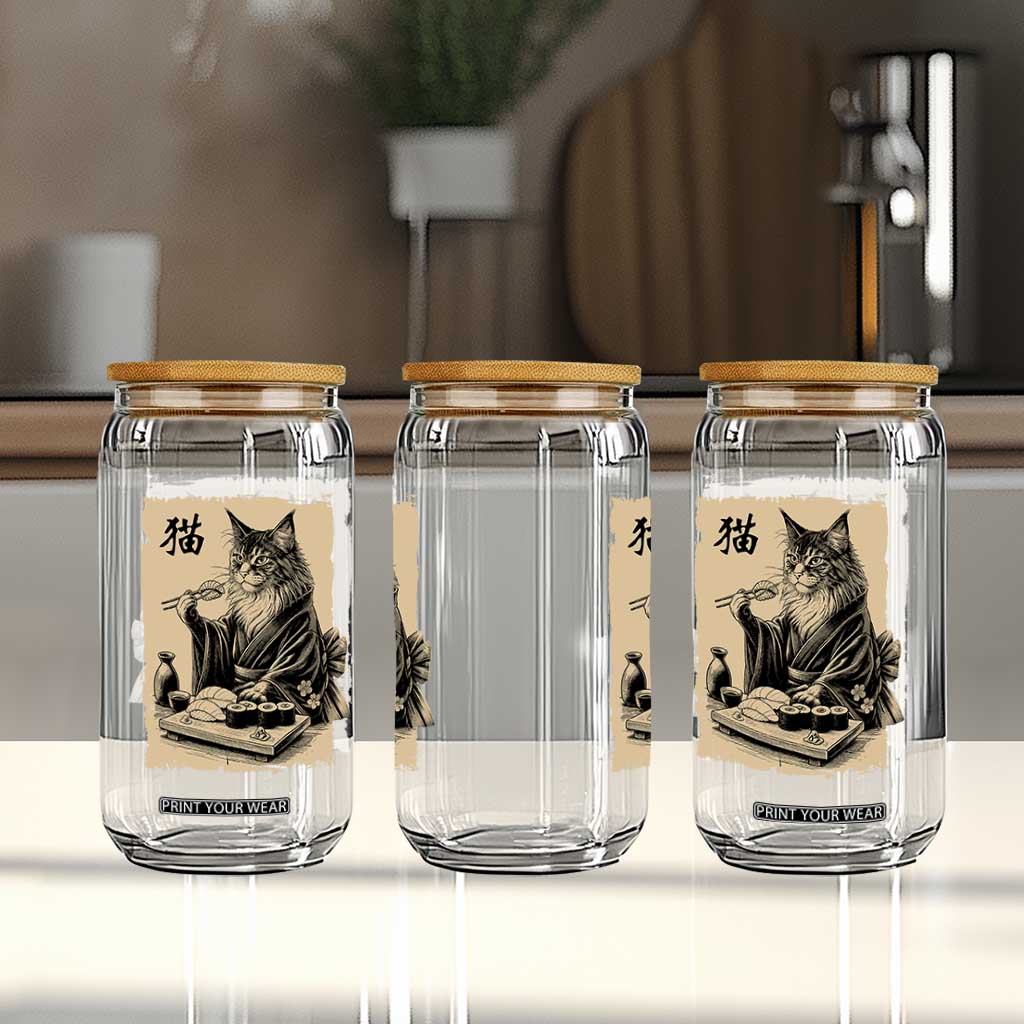 Vintage Japanese Cat Eating Sushi Glass Can Funny Maine Coon Kimono Gift TS12 Print Your Wear