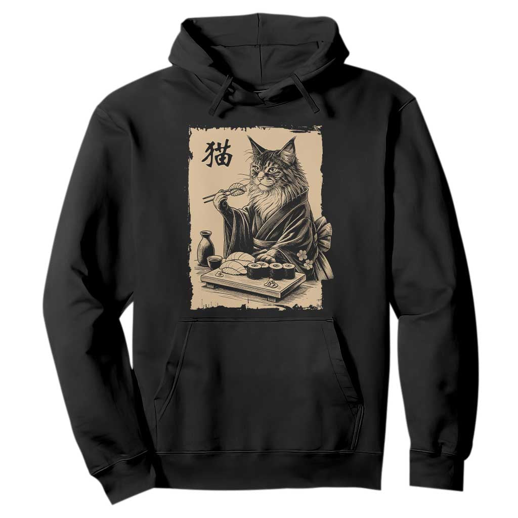 Vintage Japanese Cat Eating Sushi Hoodie Funny Maine Coon Kimono Gift TS12 Black Print Your Wear