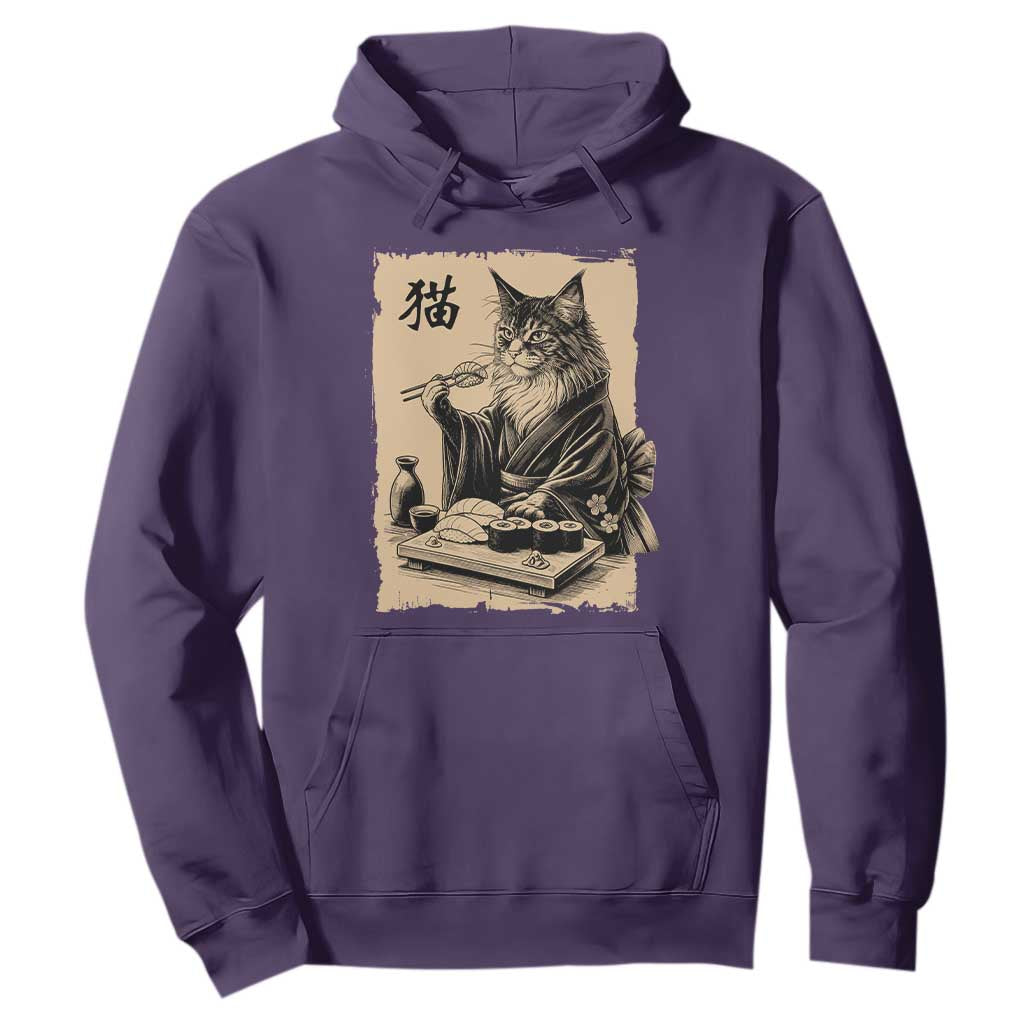 Vintage Japanese Cat Eating Sushi Hoodie Funny Maine Coon Kimono Gift TS12 Purple Print Your Wear