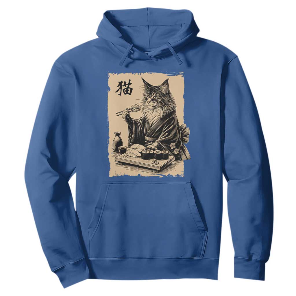 Vintage Japanese Cat Eating Sushi Hoodie Funny Maine Coon Kimono Gift TS12 Royal Blue Print Your Wear
