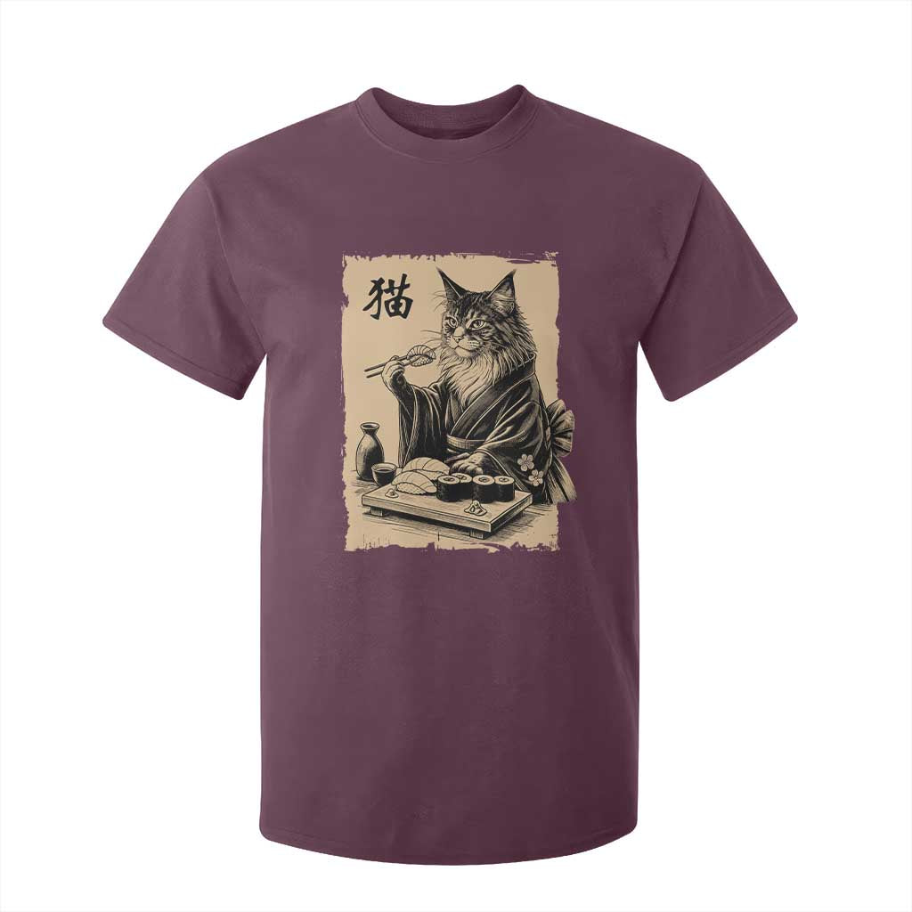 Vintage Japanese Cat Eating Sushi T Shirt For Kid Funny Maine Coon Kimono Gift TS12 Maroon Print Your Wear