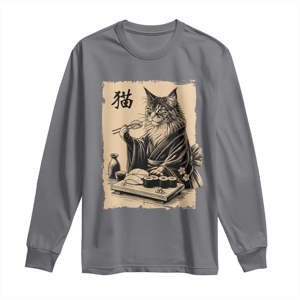 Vintage Japanese Cat Eating Sushi Long Sleeve Shirt Funny Maine Coon Kimono Gift TS12 Charcoal Print Your Wear