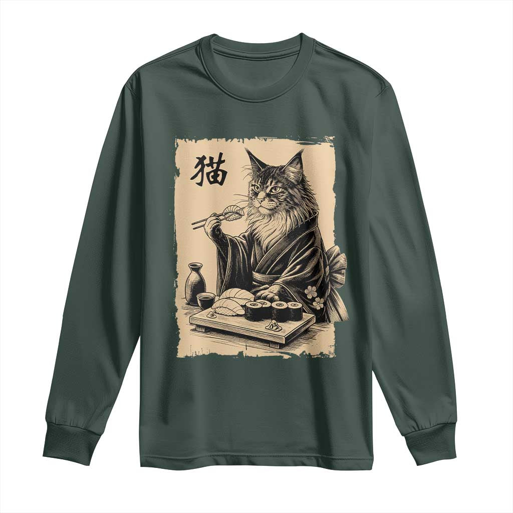 Vintage Japanese Cat Eating Sushi Long Sleeve Shirt Funny Maine Coon Kimono Gift TS12 Dark Forest Green Print Your Wear