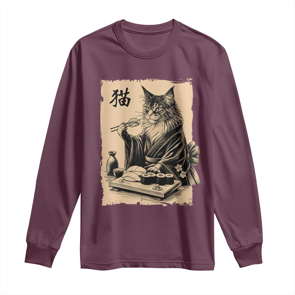 Vintage Japanese Cat Eating Sushi Long Sleeve Shirt Funny Maine Coon Kimono Gift TS12 Maroon Print Your Wear