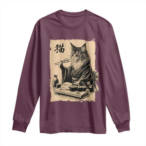 Vintage Japanese Cat Eating Sushi Long Sleeve Shirt Funny Maine Coon Kimono Gift TS12 Maroon Print Your Wear