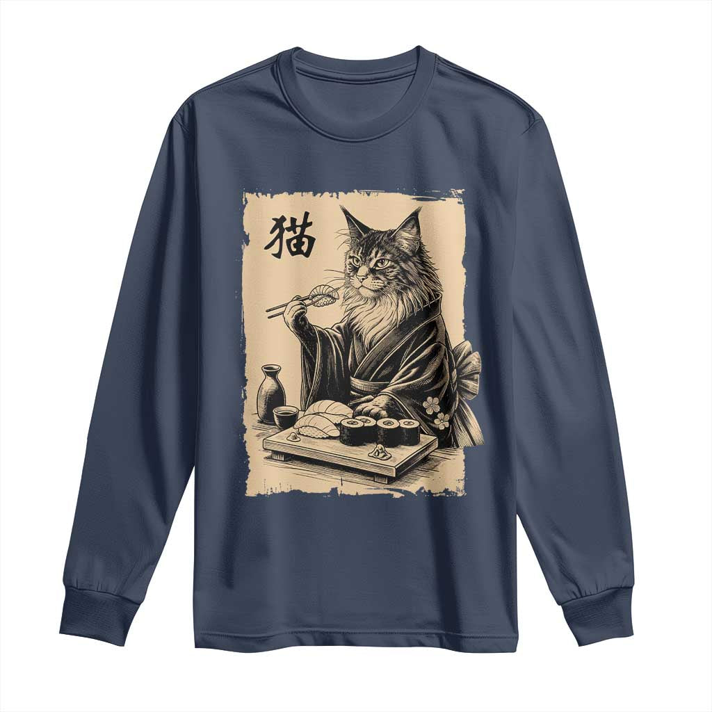 Vintage Japanese Cat Eating Sushi Long Sleeve Shirt Funny Maine Coon Kimono Gift TS12 Navy Print Your Wear