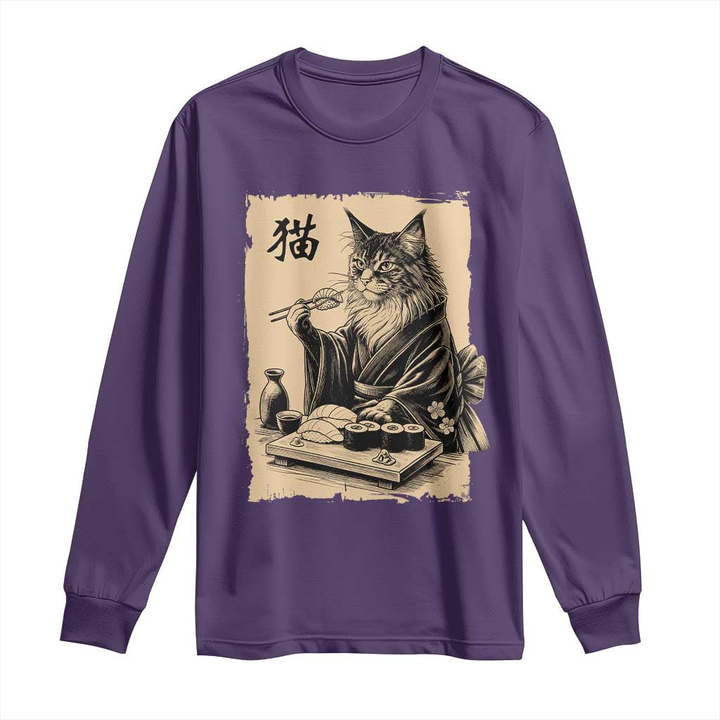 Vintage Japanese Cat Eating Sushi Long Sleeve Shirt Funny Maine Coon Kimono Gift TS12 Purple Print Your Wear