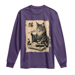 Vintage Japanese Cat Eating Sushi Long Sleeve Shirt Funny Maine Coon Kimono Gift TS12 Purple Print Your Wear