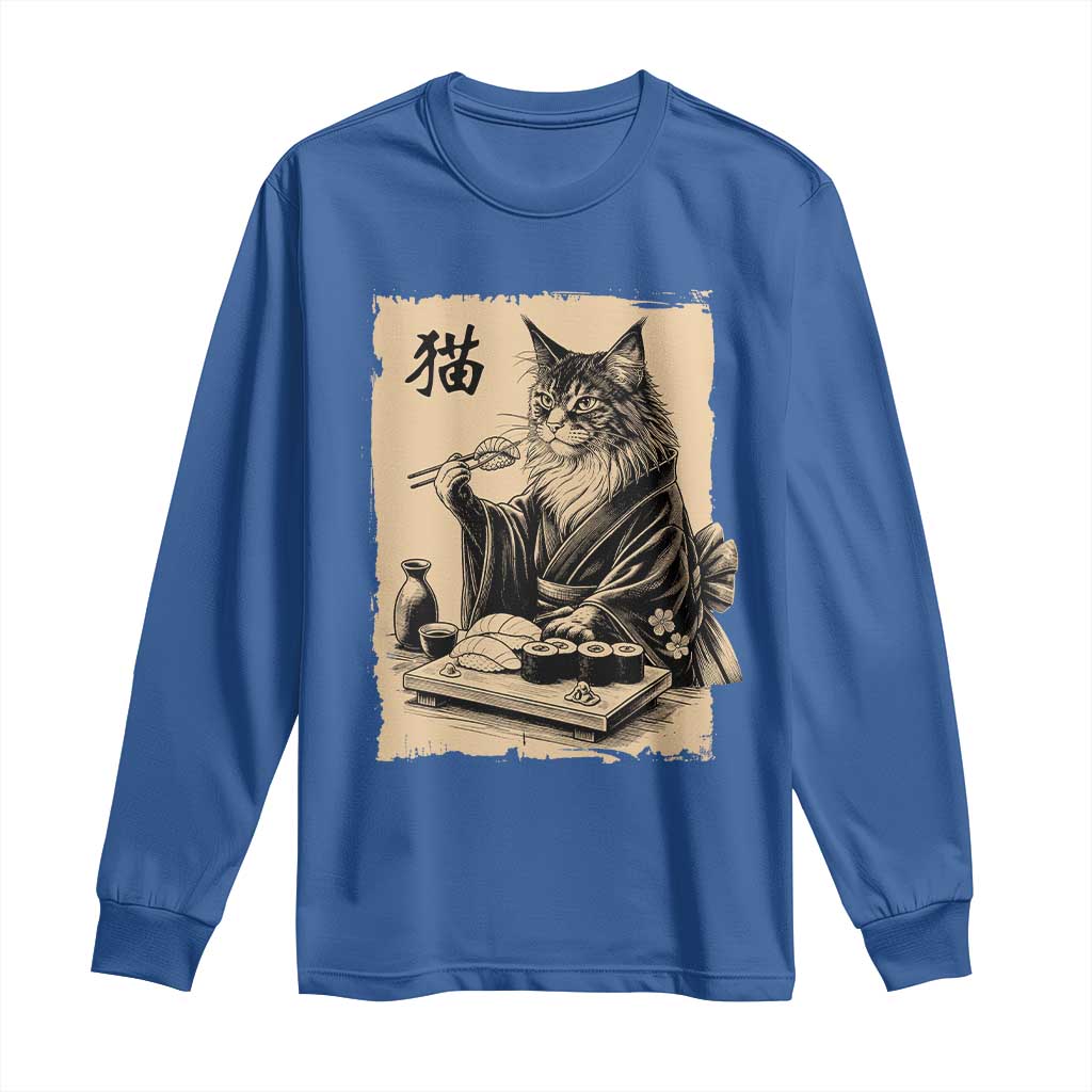 Vintage Japanese Cat Eating Sushi Long Sleeve Shirt Funny Maine Coon Kimono Gift TS12 Royal Blue Print Your Wear