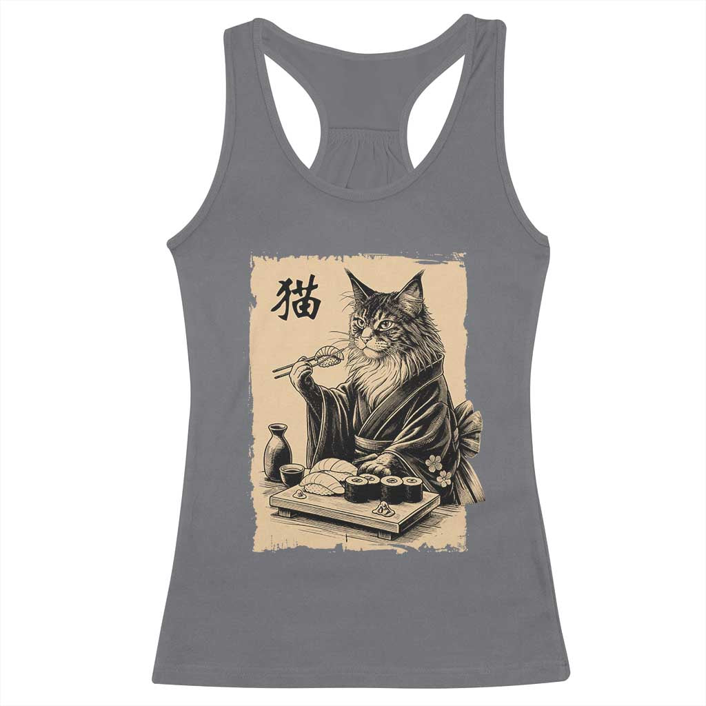 Vintage Japanese Cat Eating Sushi Racerback Tank Top Funny Maine Coon Kimono Gift TS12 Charcoal Print Your Wear