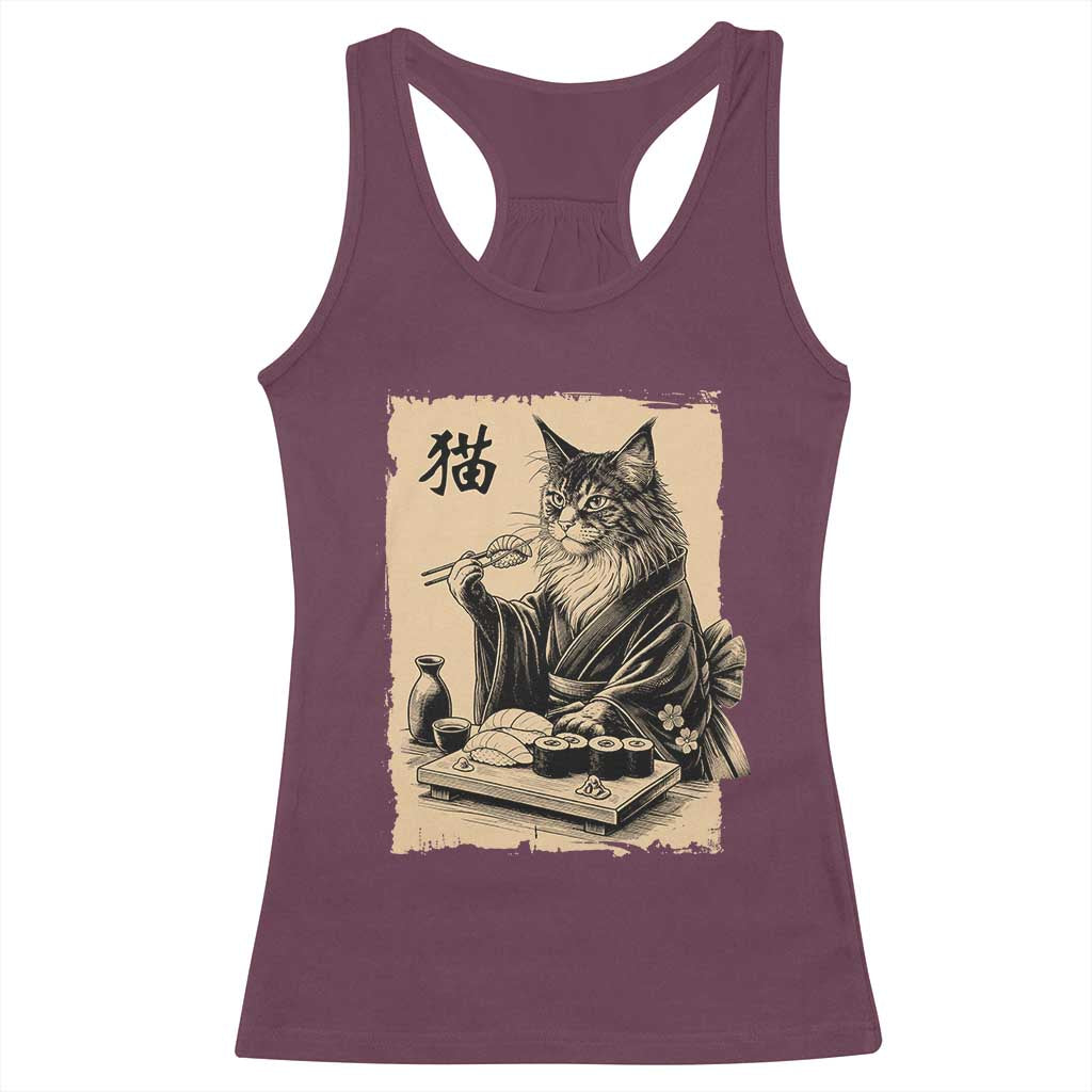 Vintage Japanese Cat Eating Sushi Racerback Tank Top Funny Maine Coon Kimono Gift TS12 Maroon Print Your Wear