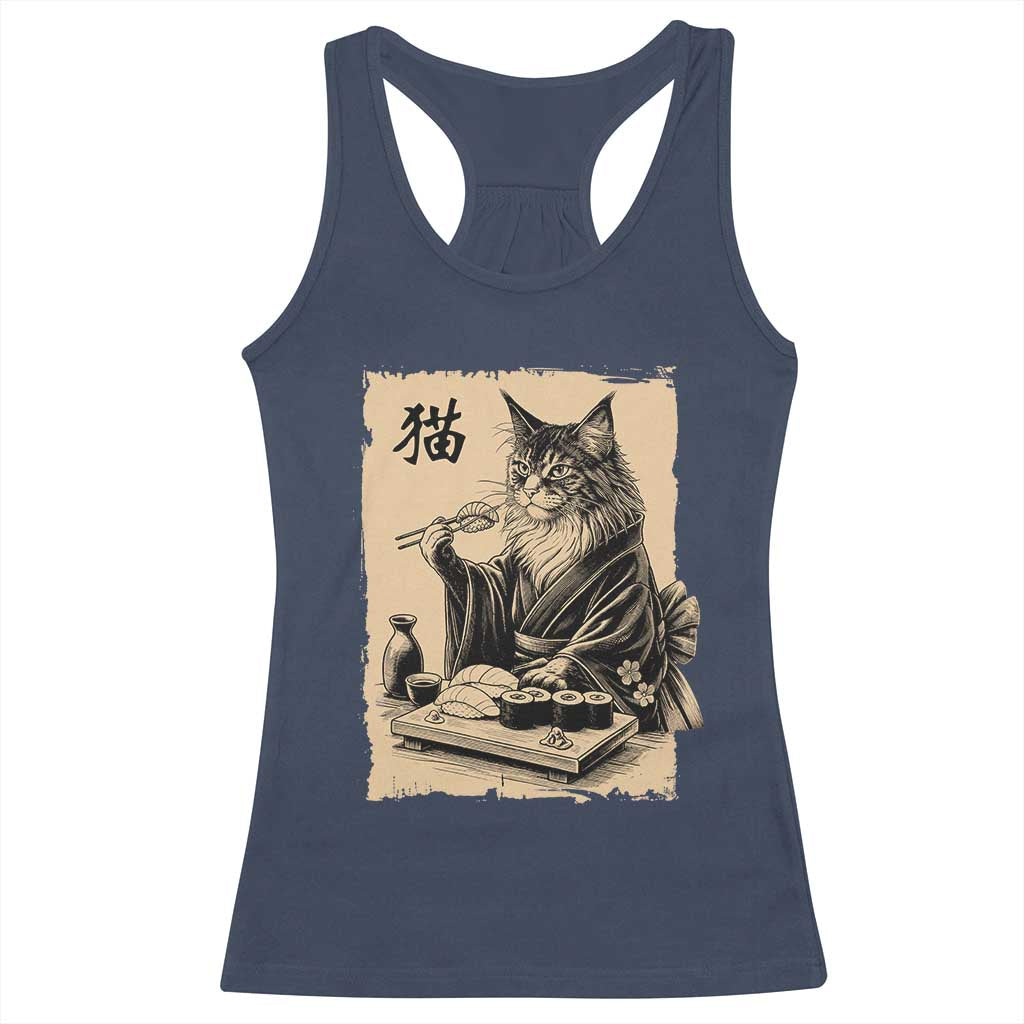 Vintage Japanese Cat Eating Sushi Racerback Tank Top Funny Maine Coon Kimono Gift TS12 Navy Print Your Wear