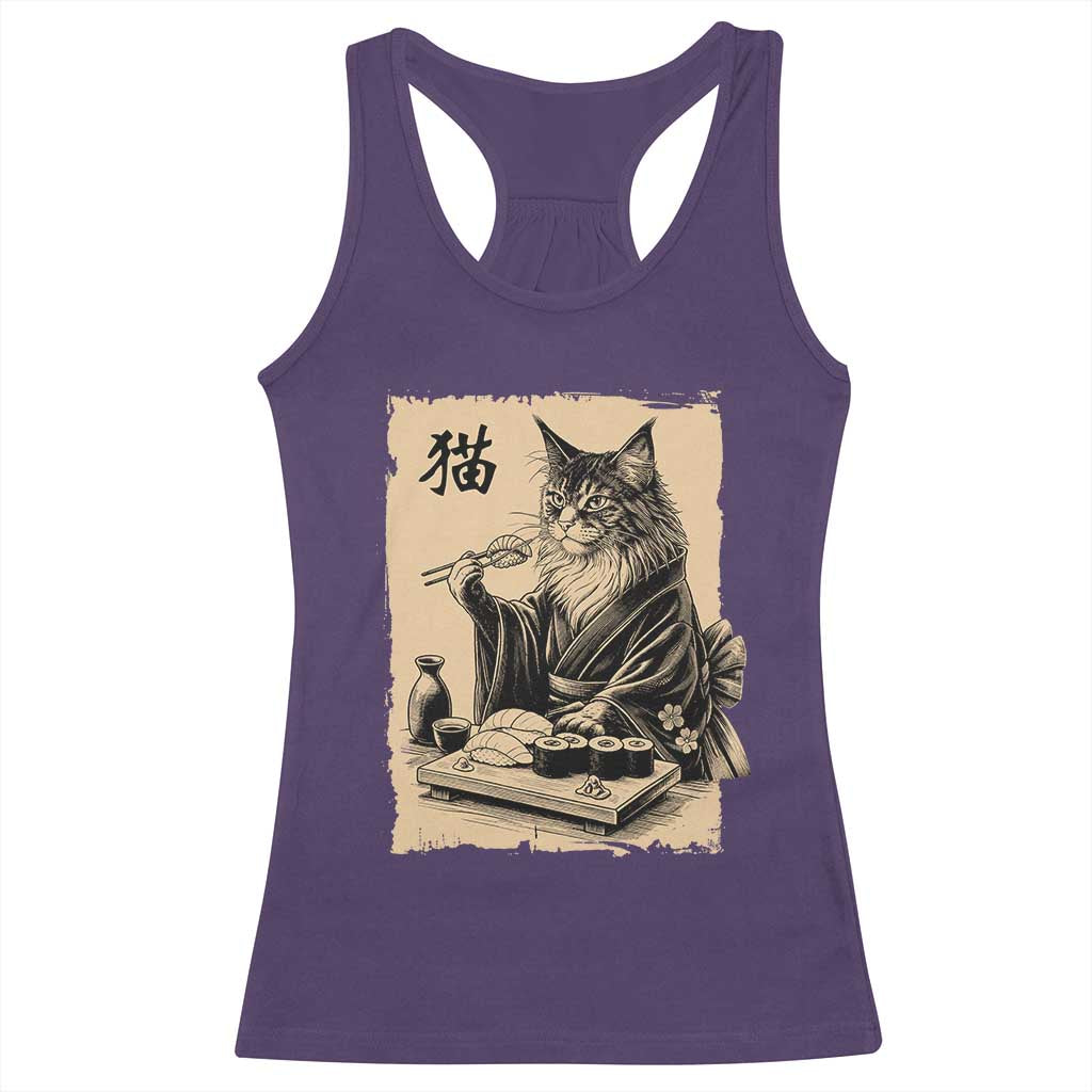 Vintage Japanese Cat Eating Sushi Racerback Tank Top Funny Maine Coon Kimono Gift TS12 Purple Print Your Wear