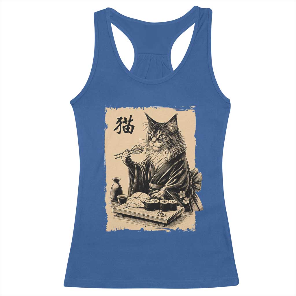 Vintage Japanese Cat Eating Sushi Racerback Tank Top Funny Maine Coon Kimono Gift TS12 Royal Blue Print Your Wear