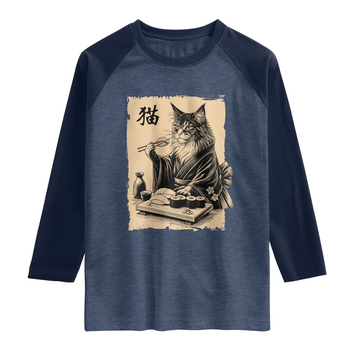 Vintage Japanese Cat Eating Sushi Raglan Shirt Funny Maine Coon Kimono Gift TS12 Heather Denim Navy Print Your Wear