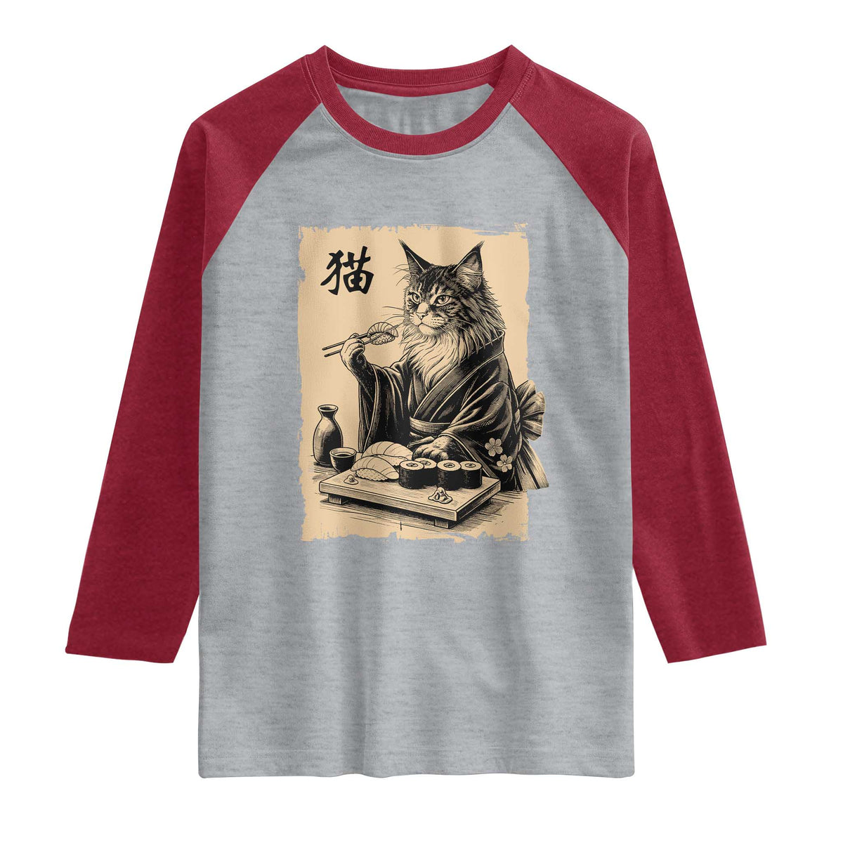 Vintage Japanese Cat Eating Sushi Raglan Shirt Funny Maine Coon Kimono Gift TS12 Heather Gray Heather Red Print Your Wear