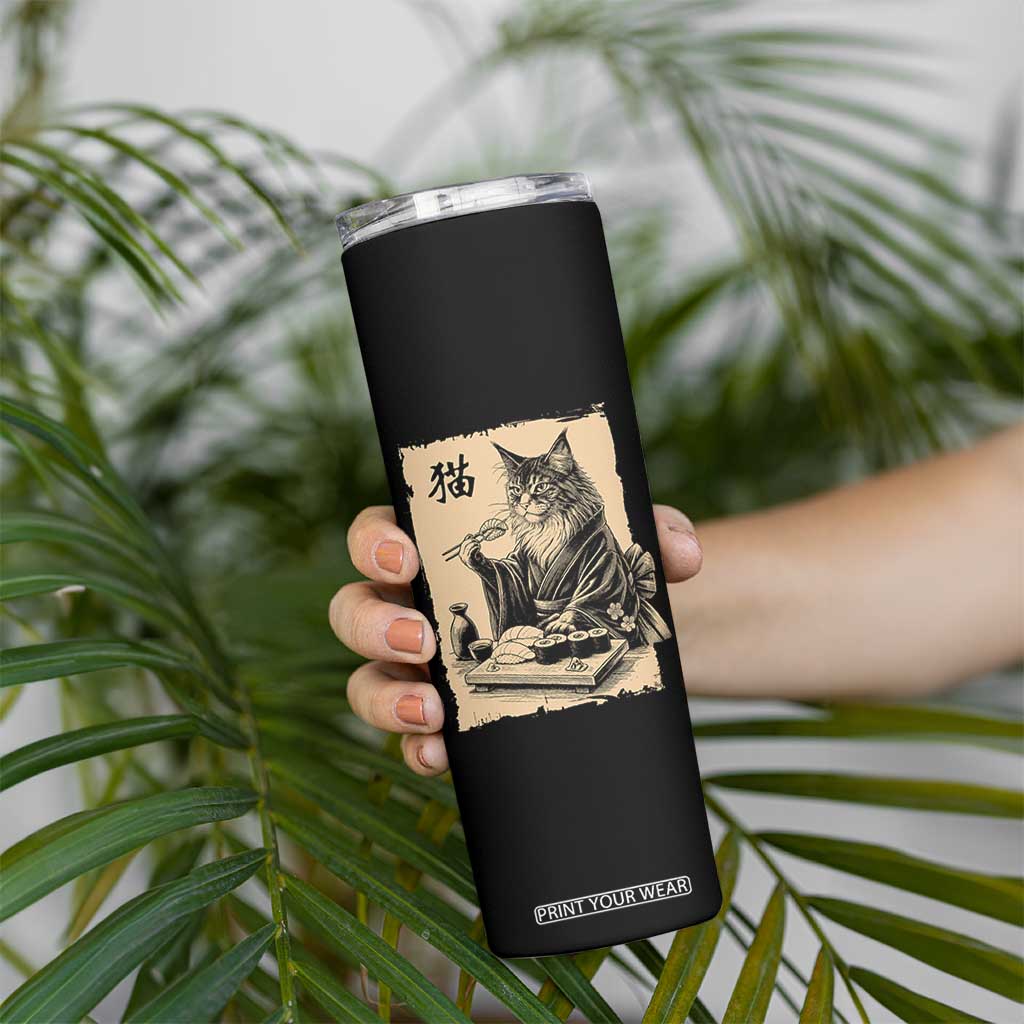 Vintage Japanese Cat Eating Sushi Skinny Tumbler Funny Maine Coon Kimono Gift TS12 Print Your Wear