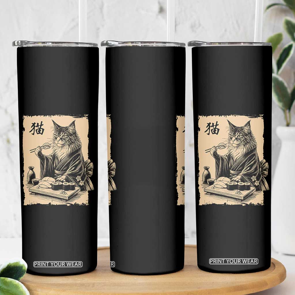 Vintage Japanese Cat Eating Sushi Skinny Tumbler Funny Maine Coon Kimono Gift TS12 Print Your Wear