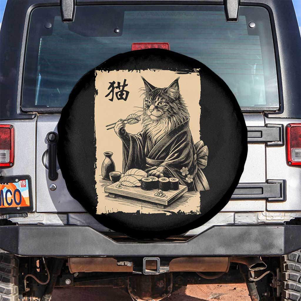 Vintage Japanese Cat Eating Sushi Spare Tire Cover Funny Maine Coon Kimono Gift TS12 No hole Black Print Your Wear