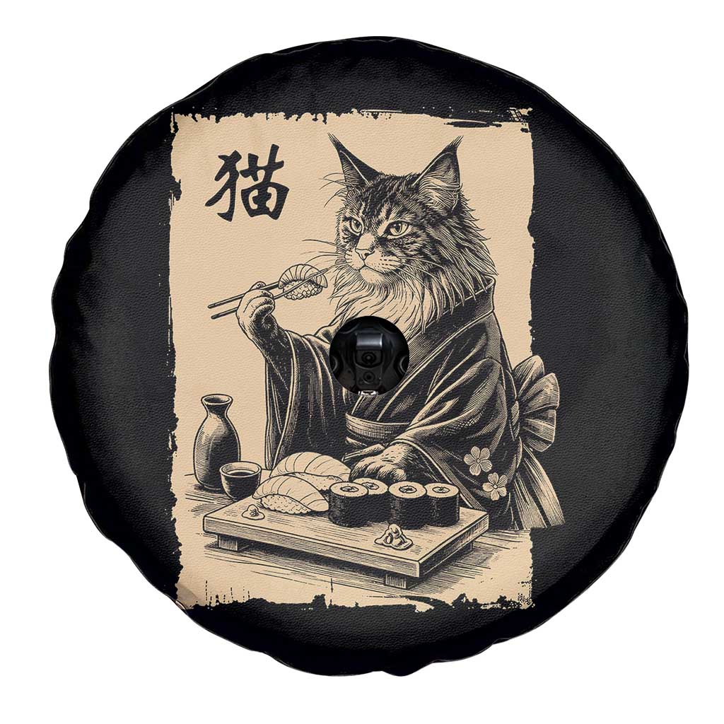 Vintage Japanese Cat Eating Sushi Spare Tire Cover Funny Maine Coon Kimono Gift TS12 Print Your Wear