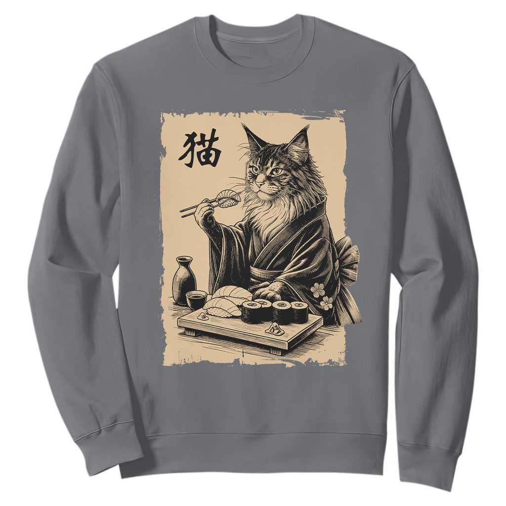 Vintage Japanese Cat Eating Sushi Sweatshirt Funny Maine Coon Kimono Gift TS12 Charcoal Print Your Wear