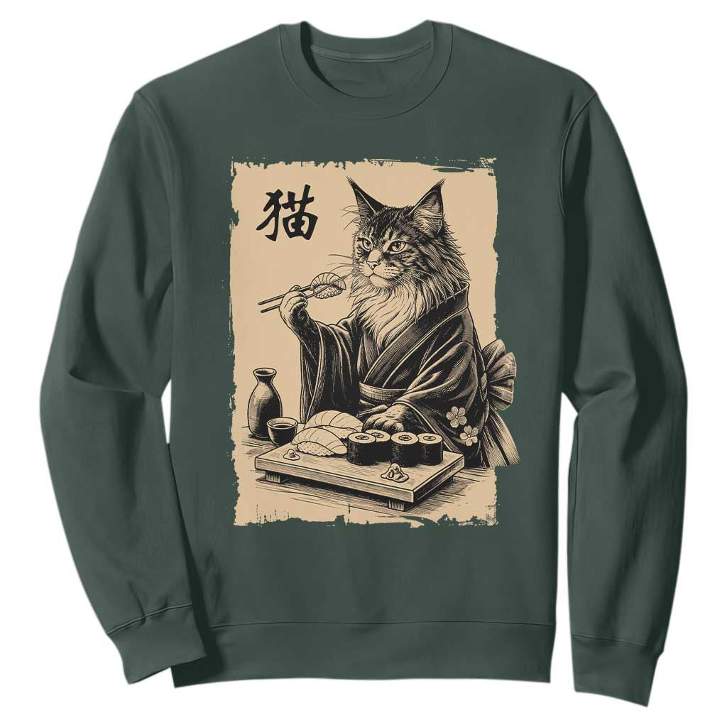 Vintage Japanese Cat Eating Sushi Sweatshirt Funny Maine Coon Kimono Gift TS12 Dark Forest Green Print Your Wear