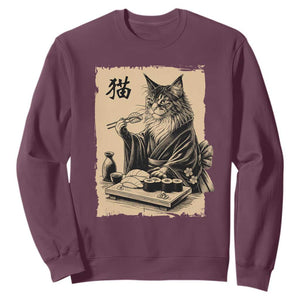 Vintage Japanese Cat Eating Sushi Sweatshirt Funny Maine Coon Kimono Gift TS12 Maroon Print Your Wear