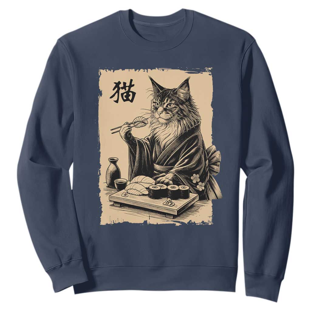 Vintage Japanese Cat Eating Sushi Sweatshirt Funny Maine Coon Kimono Gift TS12 Navy Print Your Wear