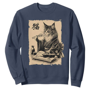Vintage Japanese Cat Eating Sushi Sweatshirt Funny Maine Coon Kimono Gift TS12 Navy Print Your Wear