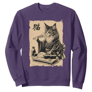Vintage Japanese Cat Eating Sushi Sweatshirt Funny Maine Coon Kimono Gift TS12 Purple Print Your Wear
