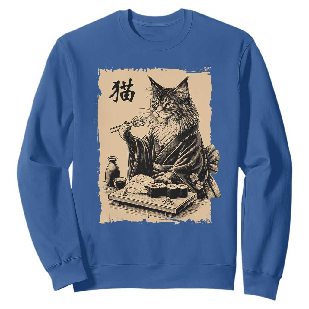 Vintage Japanese Cat Eating Sushi Sweatshirt Funny Maine Coon Kimono Gift TS12 Royal Blue Print Your Wear
