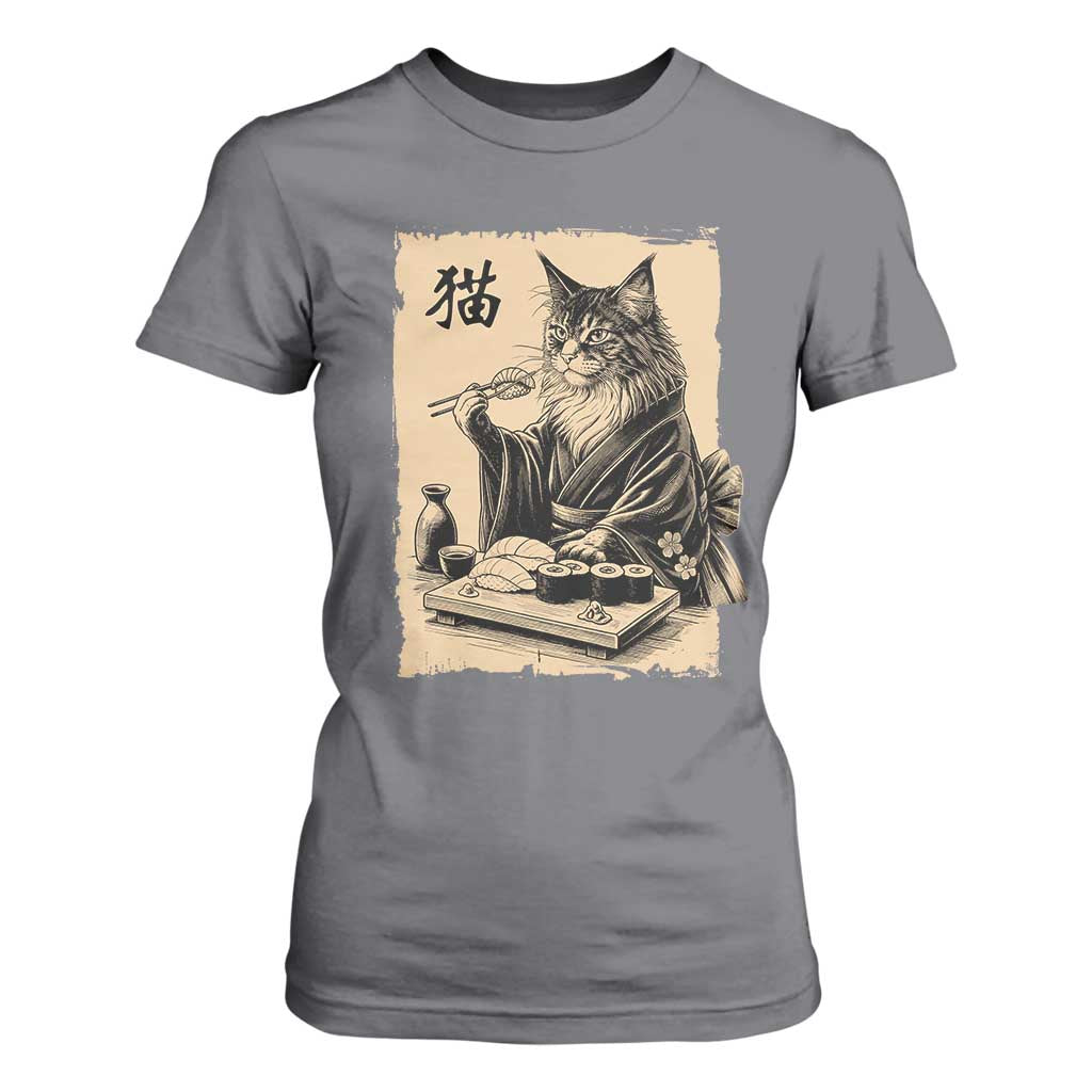 Vintage Japanese Cat Eating Sushi T Shirt For Women Funny Maine Coon Kimono Gift TS12 Charcoal Print Your Wear