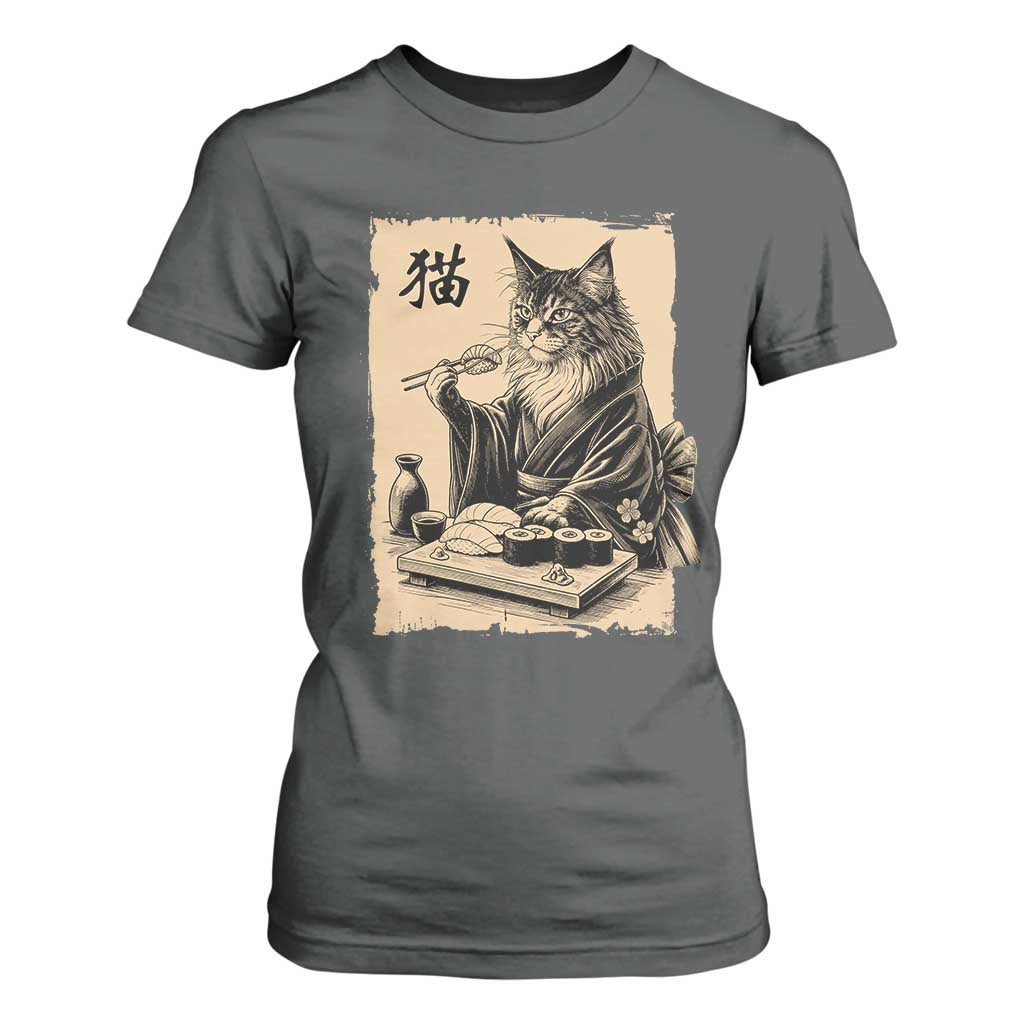 Vintage Japanese Cat Eating Sushi T Shirt For Women Funny Maine Coon Kimono Gift TS12 Dark Heather Print Your Wear