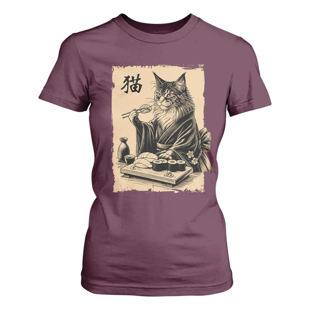Vintage Japanese Cat Eating Sushi T Shirt For Women Funny Maine Coon Kimono Gift TS12 Maroon Print Your Wear