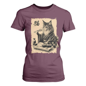 Vintage Japanese Cat Eating Sushi T Shirt For Women Funny Maine Coon Kimono Gift TS12 Maroon Print Your Wear